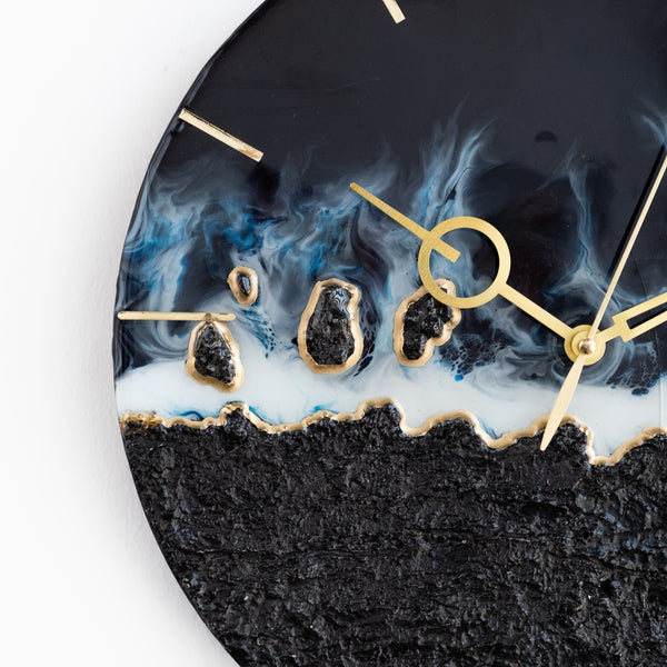 Resin Epoxy Black and Gold wall clock 40cm Diameter, thickness. HandMade for parashuteHome.