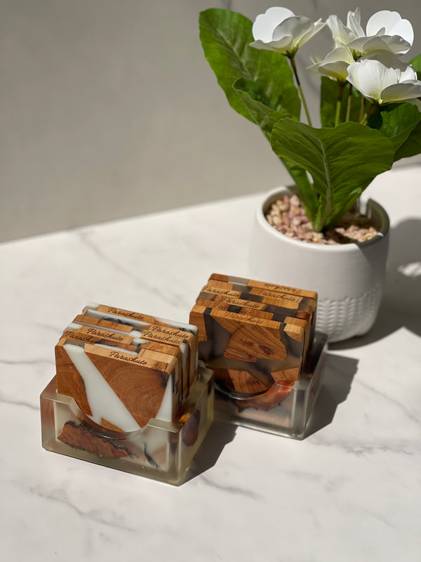 wood and resin Coasters white and transparent , square and circled, Set of 6 with holder, handMade for parashuteHome.