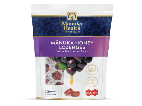 Manuka Health، MGO 400+ أقراص استحلاب عسل مانوكا مع الكشمش الأسود ، 58 قرصًا للاستحلاب ، 8.8 أونصة ، طبيعي 100٪ مع فيتامين سي