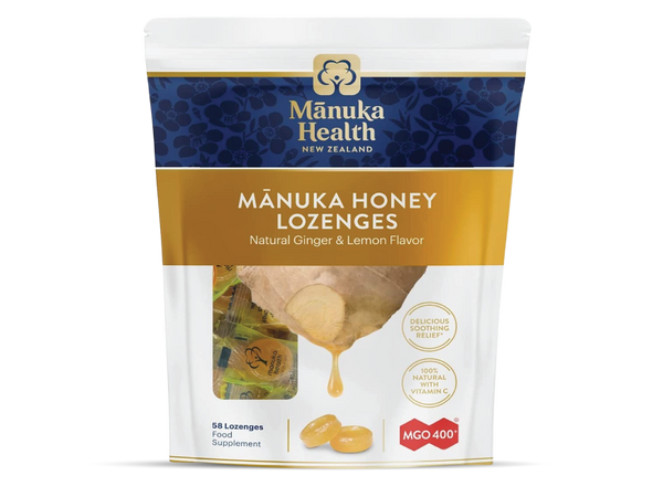 Manuka Health, MGO 400+ Manuka Honey Lozenges with Lemon & Ginger, 58 lozenges, 8.8 oz, 100% Natural with Vitamin C